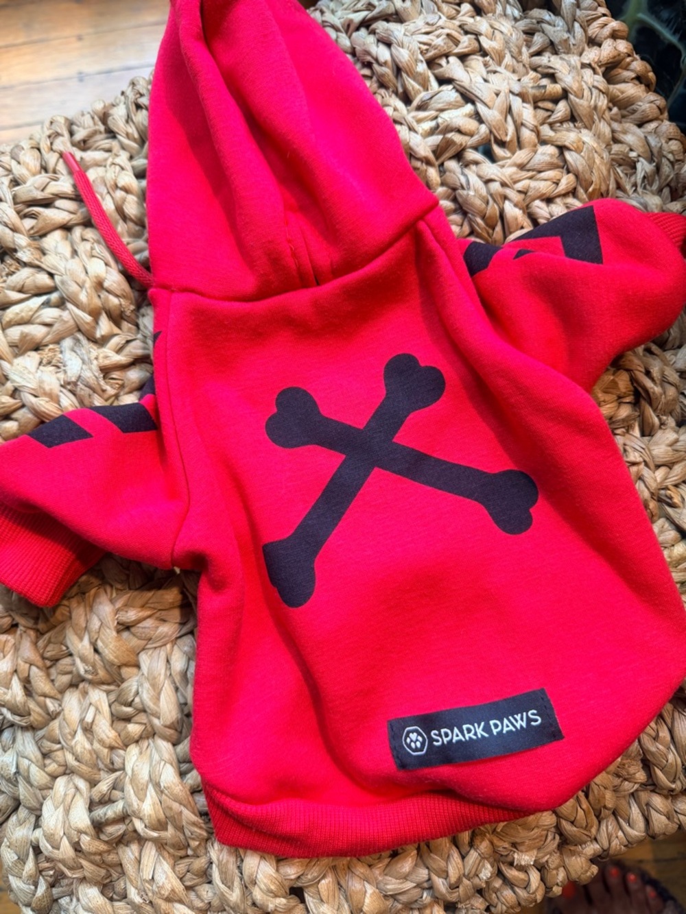 New Red Dog Hoodie with Black Bone Graphic